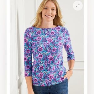 Talbots Bateau Neck Tee Long Sleeve BLOOMING FLORAL LARGE 95% Cotton Womens